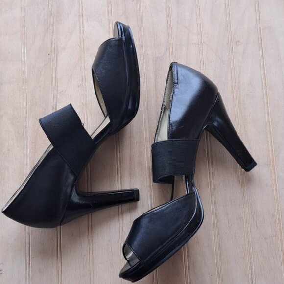 Anne Klein Akextany Leather Open Toe  Elastic Strap Heel Pumps Round Almond Toe - Picture 9 of 11